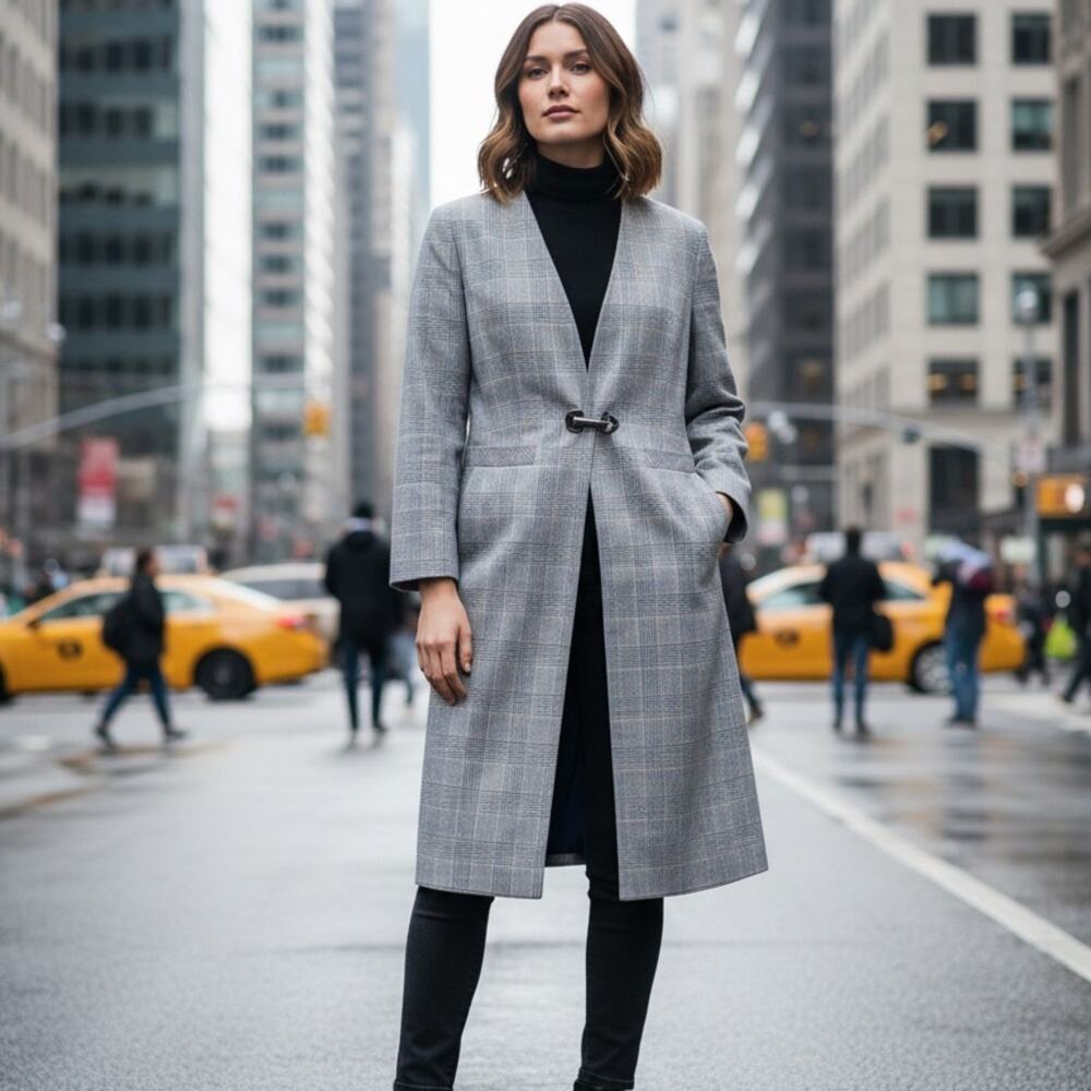 Gray Plaid Long Wool-Blend Single Hook Trench Coat Sz L